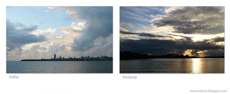 Mumbain siluetti ja Helsingin siluetti kera auringonlaskun