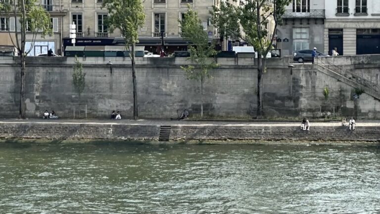 Kesä Pariisissa ja ihmisiä istumassa Seine-joen varrella