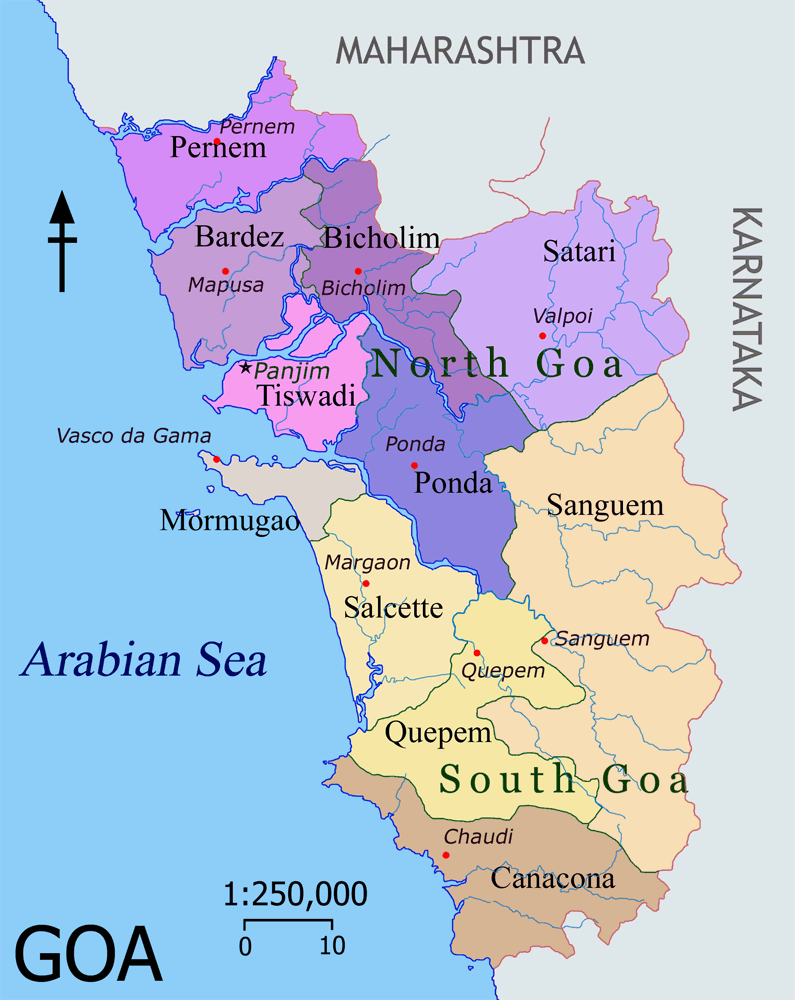 Goan kartta, jossa talukat. Lähde Wikimedia Commons